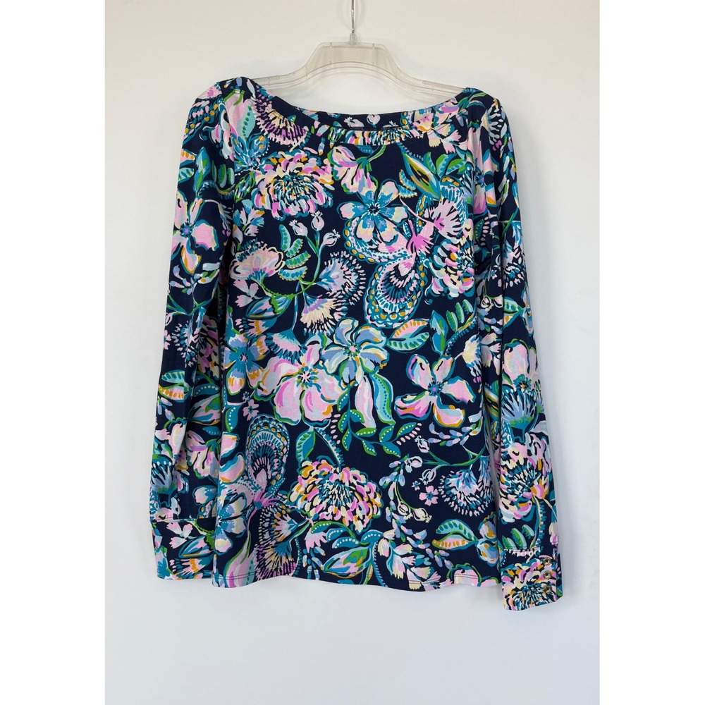 Lilly Pulitzer Etta Long Sleeve Tunic Top Navy Blue Floral Size L Coastal Miami